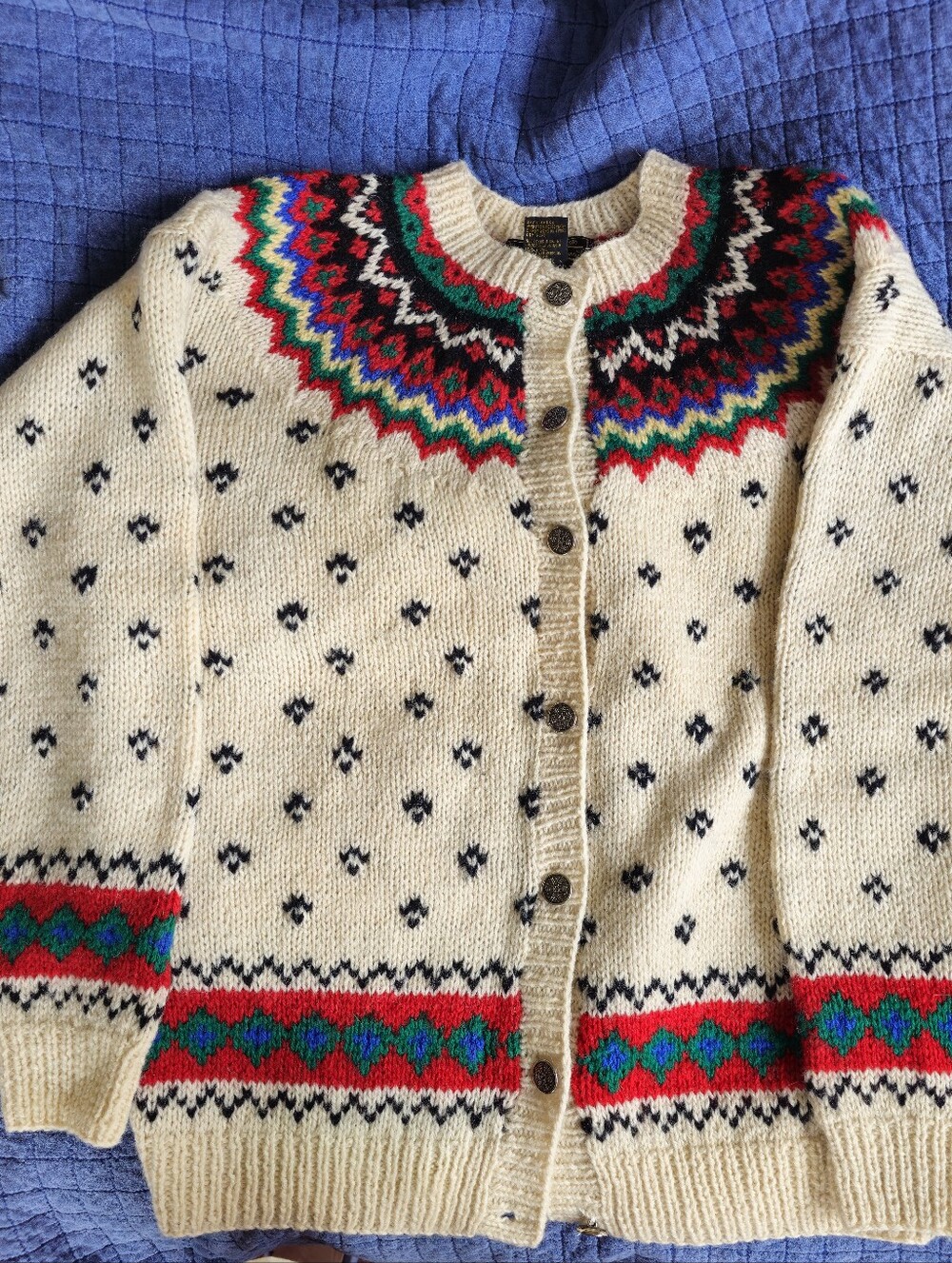 VTG Eddie Bauer Cream Nordic Fair Isle Wool Cardigan with Red, Green & Blue